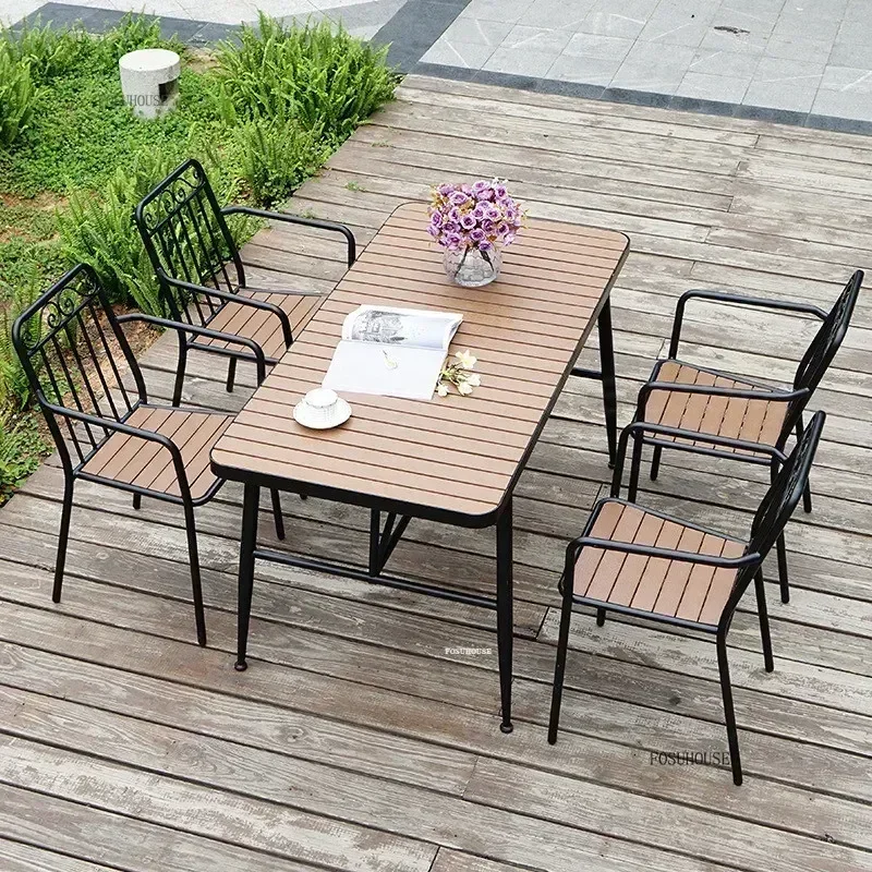 Plastic Outdoor Chair Courtyard Tables and Chairs Balcony Leisure Dining Table Chair Wood Garden Table Chair Combination z
