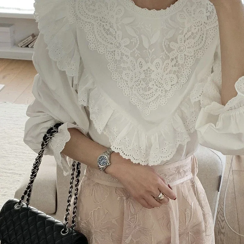 French Retro Court Style White Pink Lace Shirt for Women Fall Fashion Lace Hook Casual Blouse Long Puff Sleeve Ruffles Loose Top