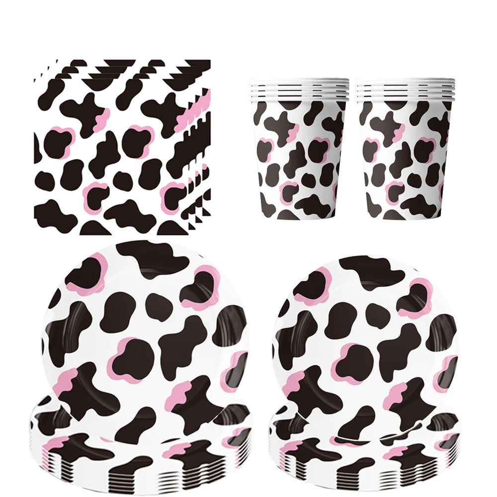 Pink Cow Party Disposable Tableware Plates Cups Napkin Cow Farm Birthday Party Decor Supplies