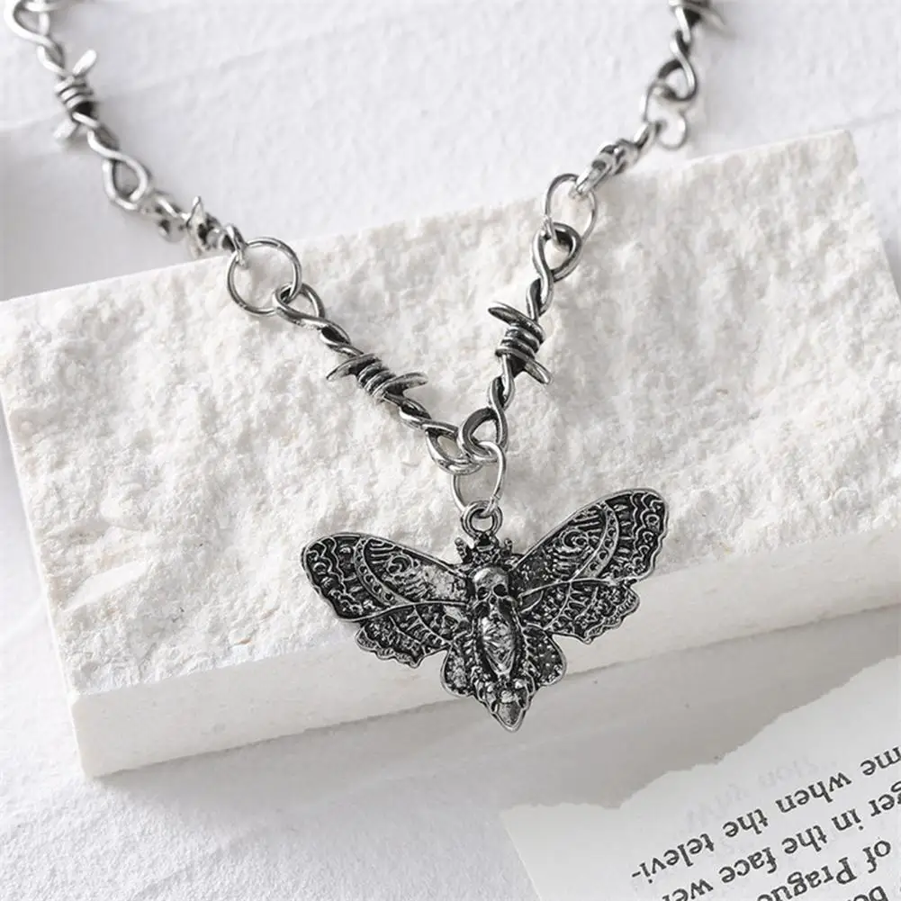 Punk Hop Necklace Skeleton Moth Pendant Necklace Moth Skeleton Pendant Necklace for Women Adjustable Length Stainless Steel