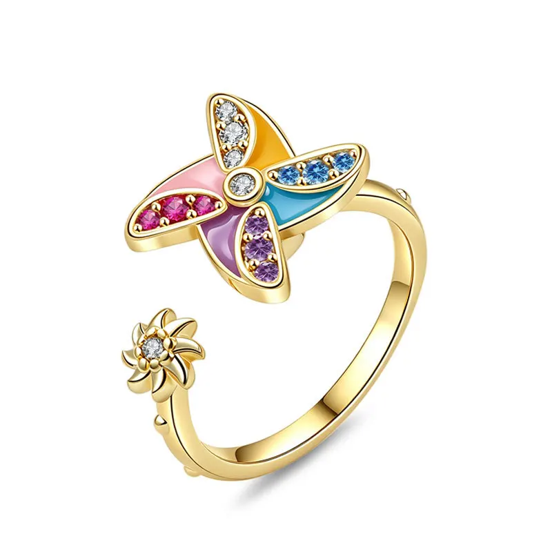 925 Sterling Silver Jewelry Vintage Crystal Colorful Pinwheel Rotatable Finger Rings for Women Wedding Party Jewelery Gift