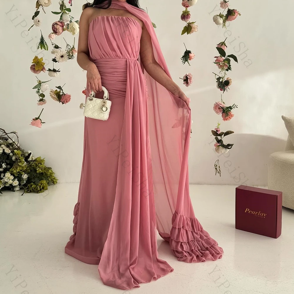 

Customized A-line Evening Dresses Floor-length Strapless Sleeveless Prom Gown Simple Fashion Stole Tiered Draped Party Gown