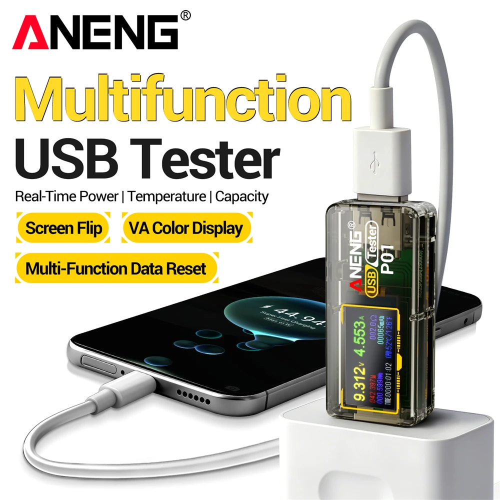 

USB-тестер ANENG P01 с цифровым дисплеем 4-30В, многофункциональный детектор быстрой зарядки, монитор напряжения, тока и емкости