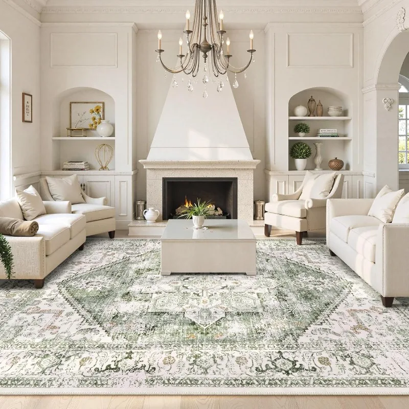 Washable 9x12 Area Rugs, Large Rugs for Living Room Boho Soft Non-Slip Rug, Low-Pile Vintage Medallion Rug, Retro Indoor