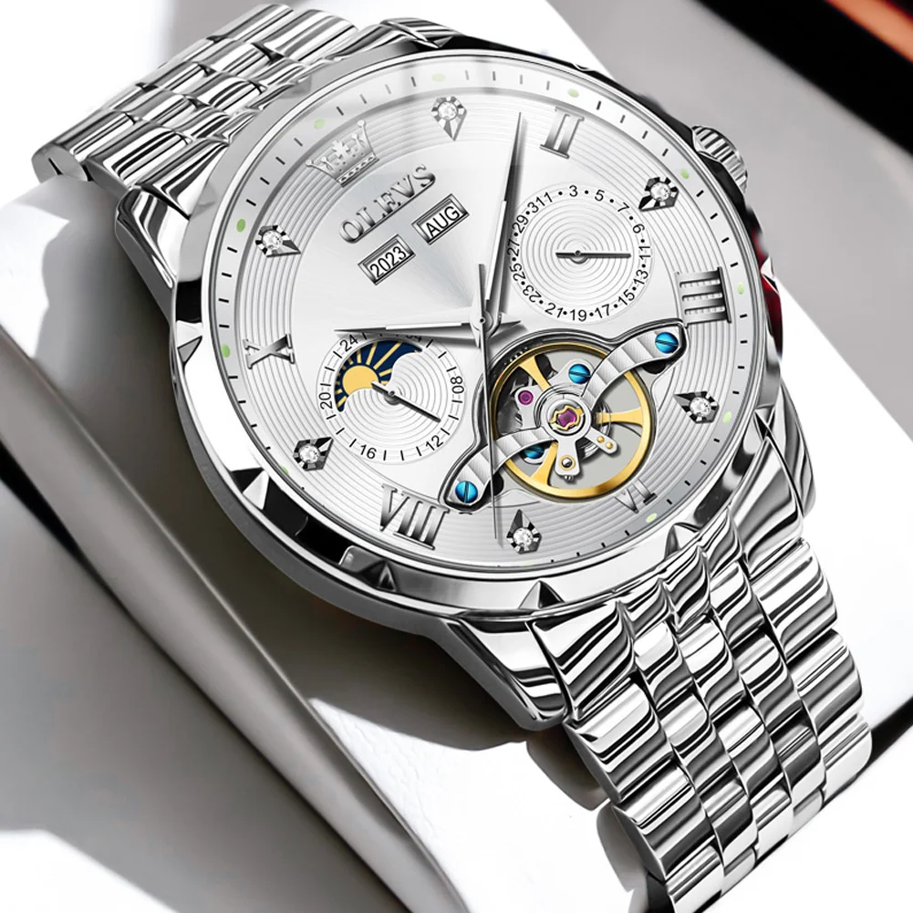 OLEVS 6691 Herrenuhr Luxus Business Original Schwungrad Automatische mechanische Uhr für Mann Ewiger Kalender Mondphase Leuchtend 3