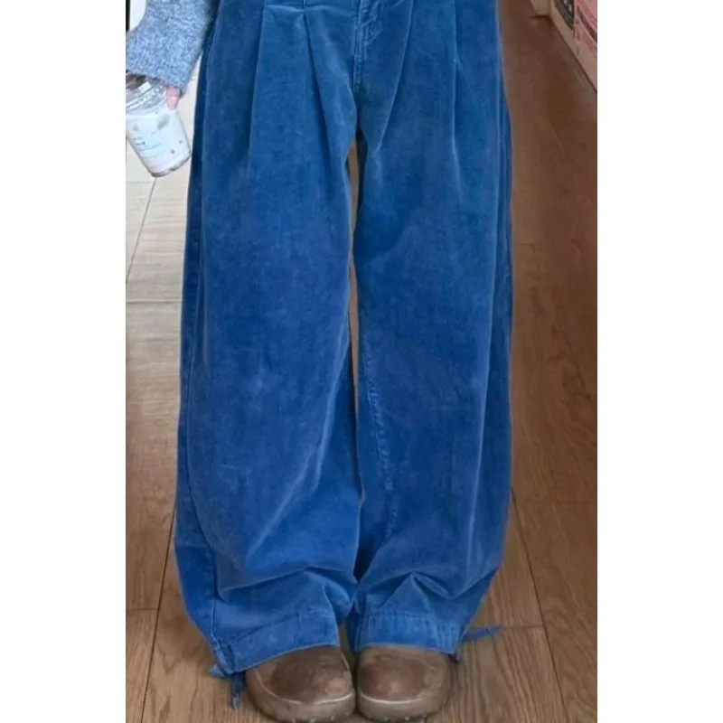 Immagine 5: Pantaloni blu eleganti da strada americani con doppia tasca Pantaloni larghi dritti a gamba larga da donna