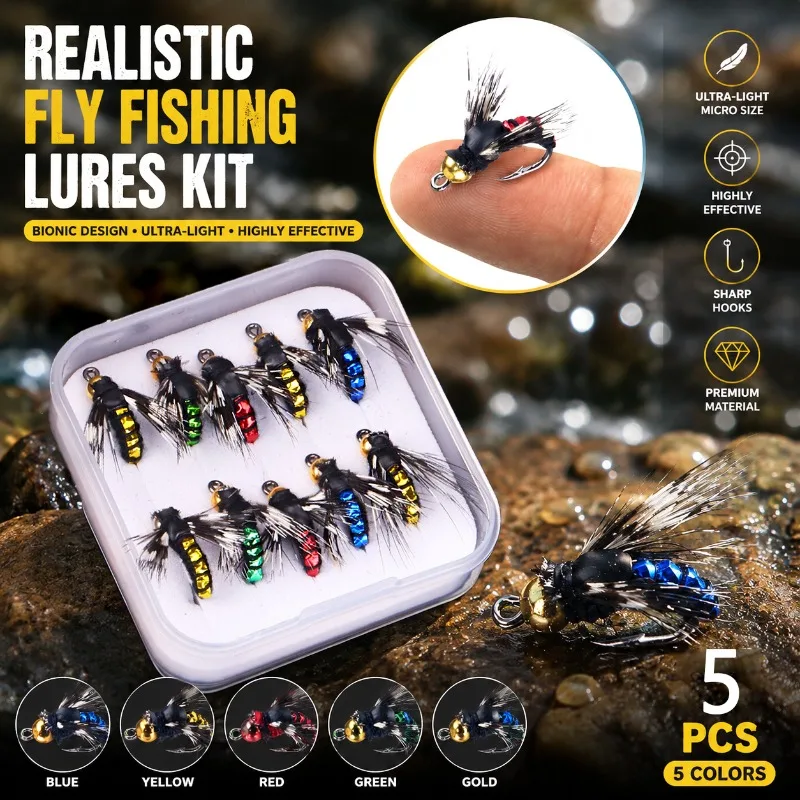 Kit de Señuelos de Pesca Bionic Fly Hooks, Kit de Microinsectos Artificiales de 15mm, Juego de 5 Anzuelos Pequeños para Pesca con Mosca en Agua Dulce de Trucha y Lubina