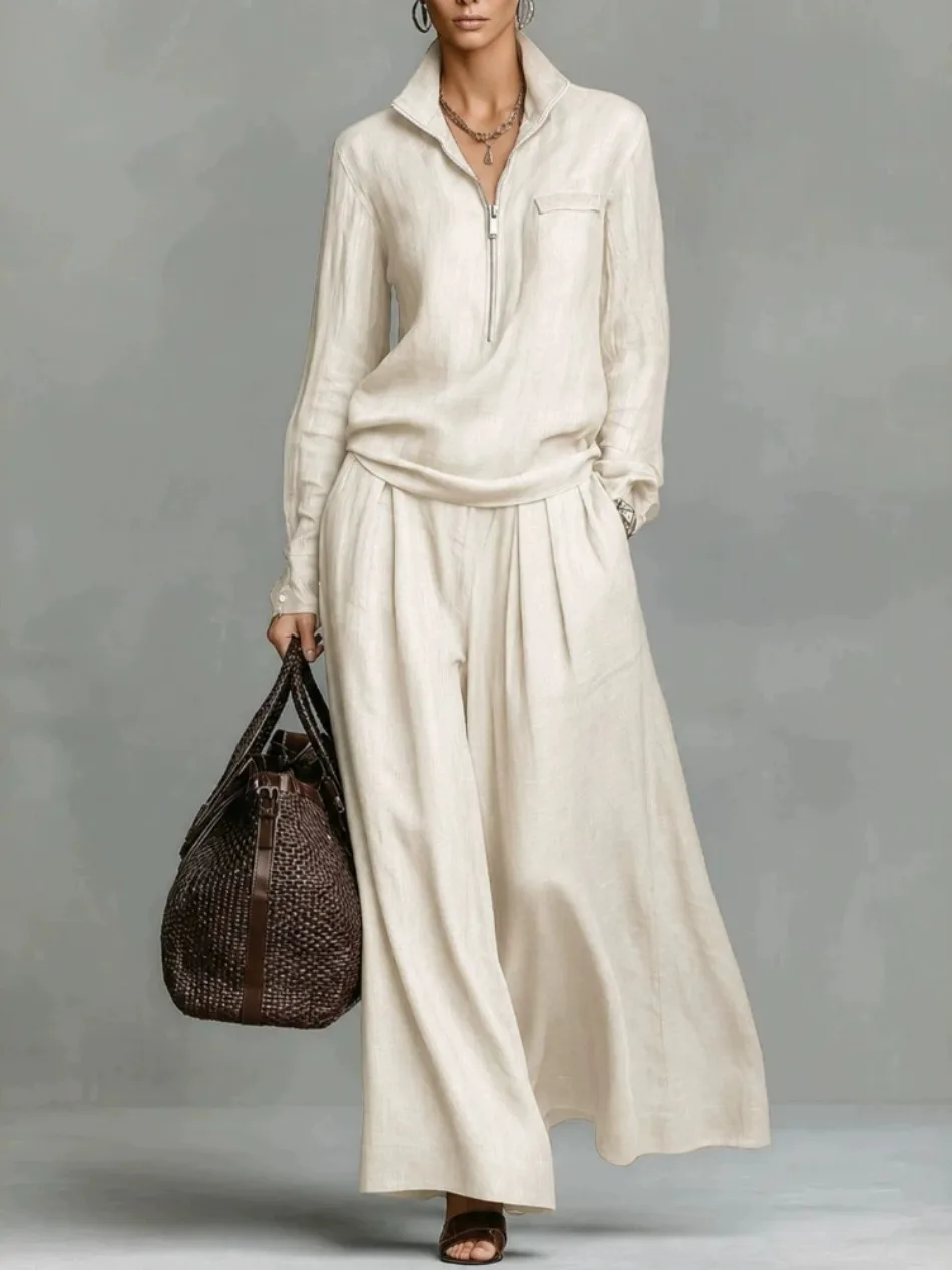 Elegantes, solides, lockeres zweiteiliges Set, modischer Pullover mit Revers und Reißverschluss & weit geschnittene Hose, Damen-Freizeitoutfit mit langen Ärmeln. – Detail 12