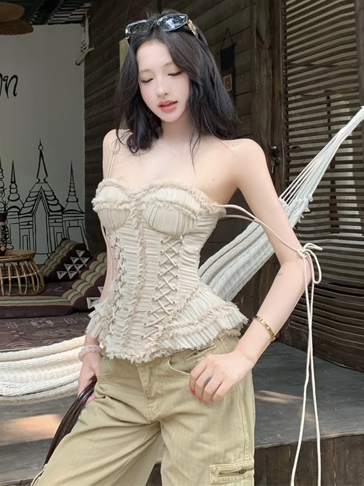 Heavy Embellished Pleated Vest Top with Chest Pad Fishbone Waist Design Slimming One-Shoulder Backless Summer Fashion for Girls