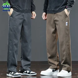 OUSSYU Brand Autumn Winter High Quality Lyocell Fabric Pants Men Elastic Waist Straight Korean Thick Trousers Male Large Size