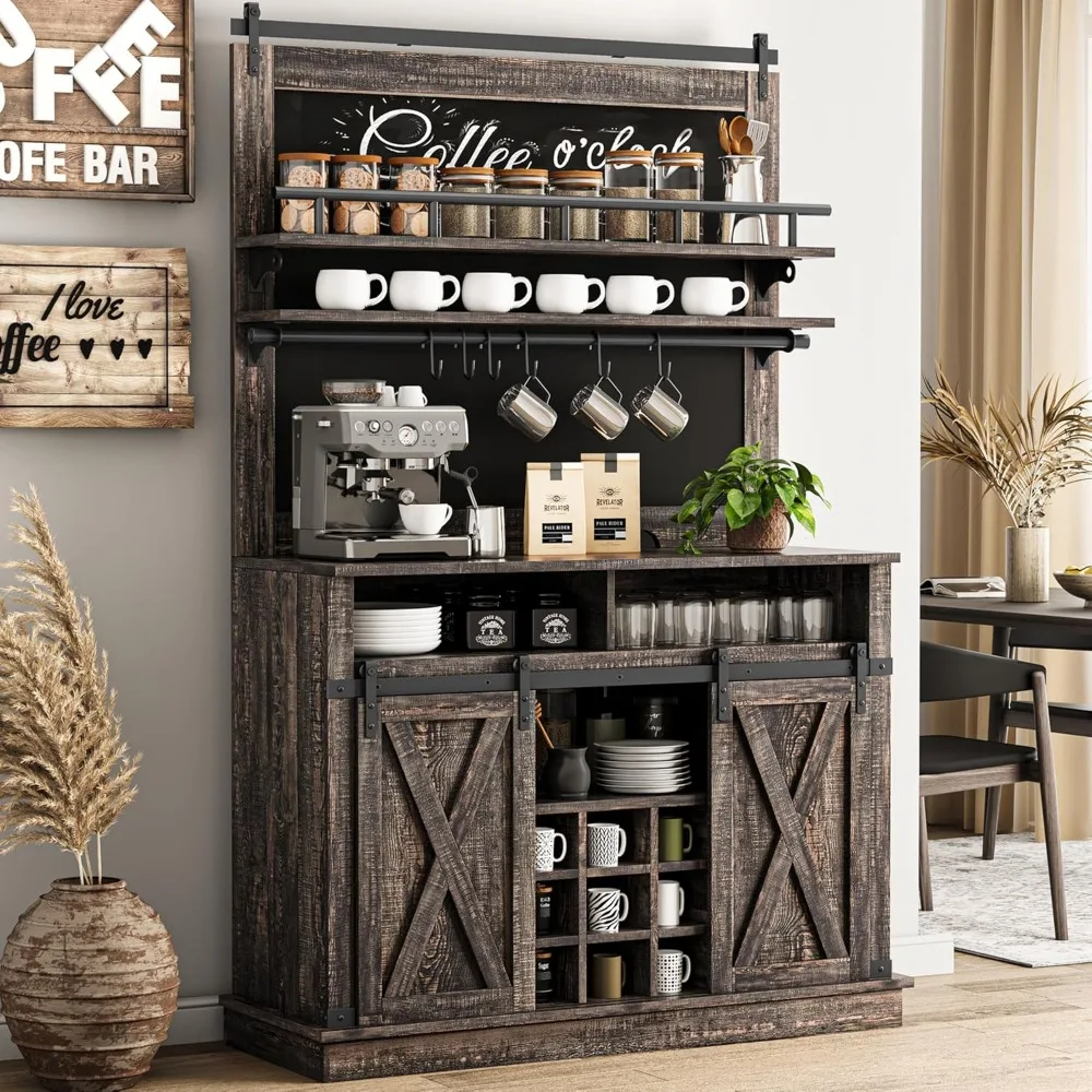 Armoire de café-bar avec rangement, armoire de bar haute de 75 ", buffet de planche de cuisine avec porte de grange market, armoire de ferme