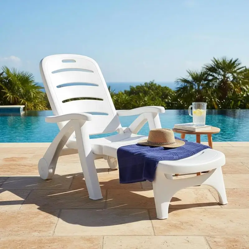 Outdoor Folding Chaise Lounge Chair with Wheels, 5 Level Adjustable Backrest for Pool, Beach, Patio, Garden, White