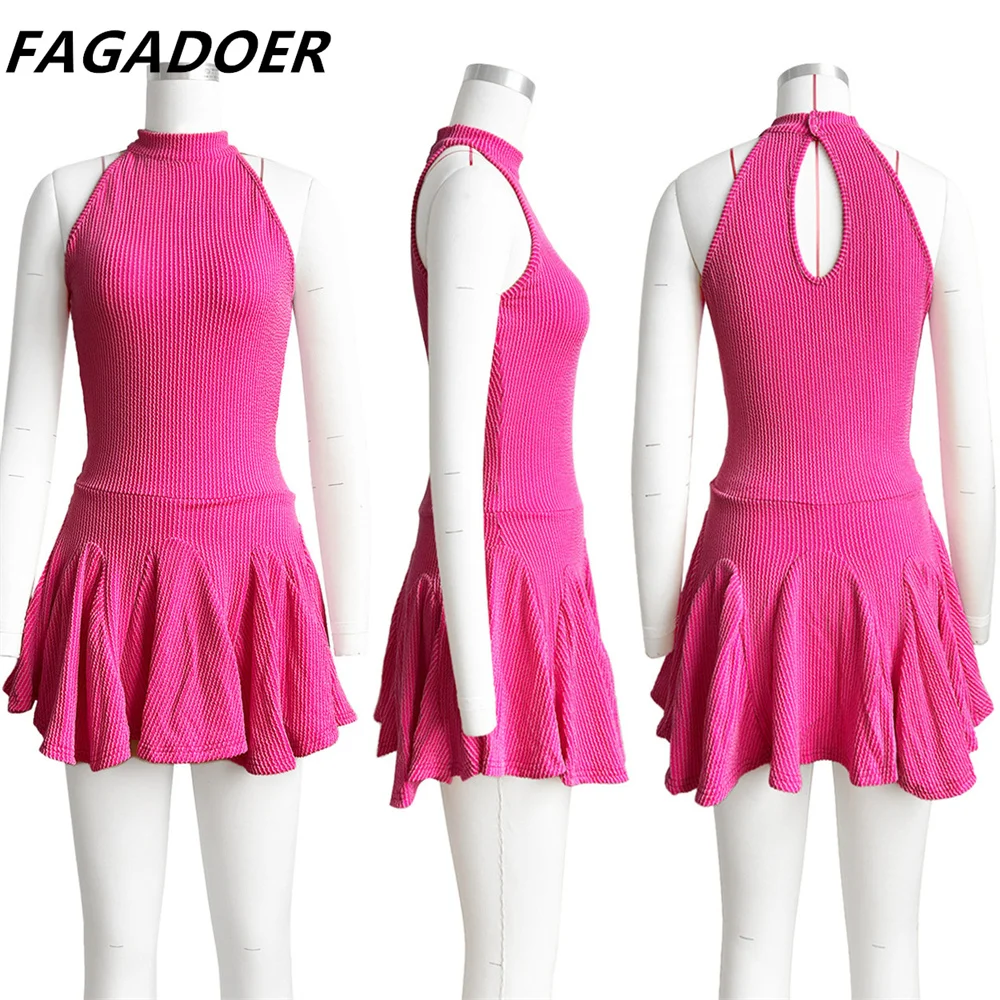 FAGADOER Spring New Solid Color Ribber Pleated Mini Dresses Women Sleeveless Elasticity Slim Vestidos Fashion Female Streetwear