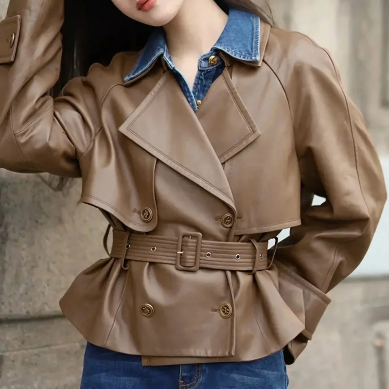 

New 2023 Women's Real Leather Jacket With Belt Sheepskin Leather Fashion Streetwear Lady Coat Trench Coat TF5550