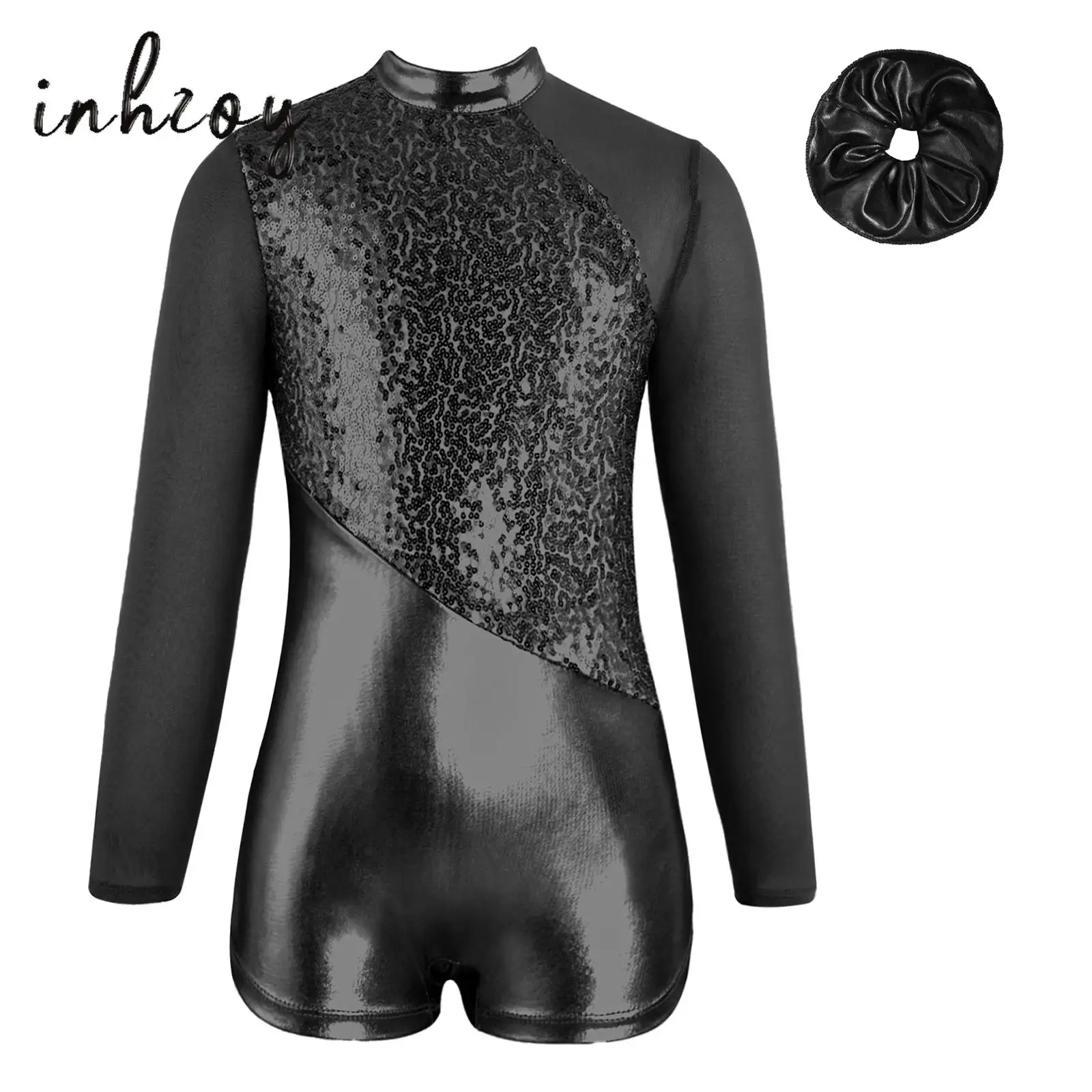 

Girls Jazz Dance Bodysuit Long Sleeve Mock Neck Zipper Back Shiny Sequins Leotard with Metallic Hair Band Jazz Dance Show Outfit
