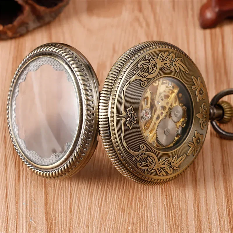 Steampunk Half Hunter Men Women Handwinding Mechanical Pocket Watch Carving Roman Number Skeleton Pendant Chain Collectable