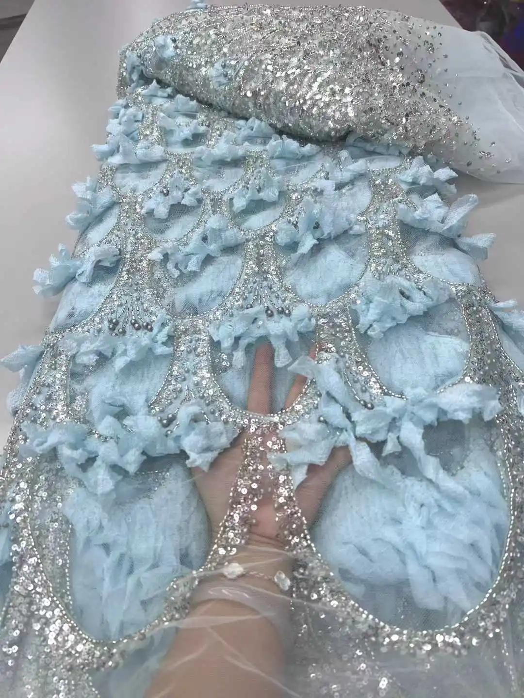 

Fashion Feather 3D Beaded Mesh Lace Fabric 2025 Sequins Tulle Lace Fabric Nigerian for African French Wedding Party Dress Women