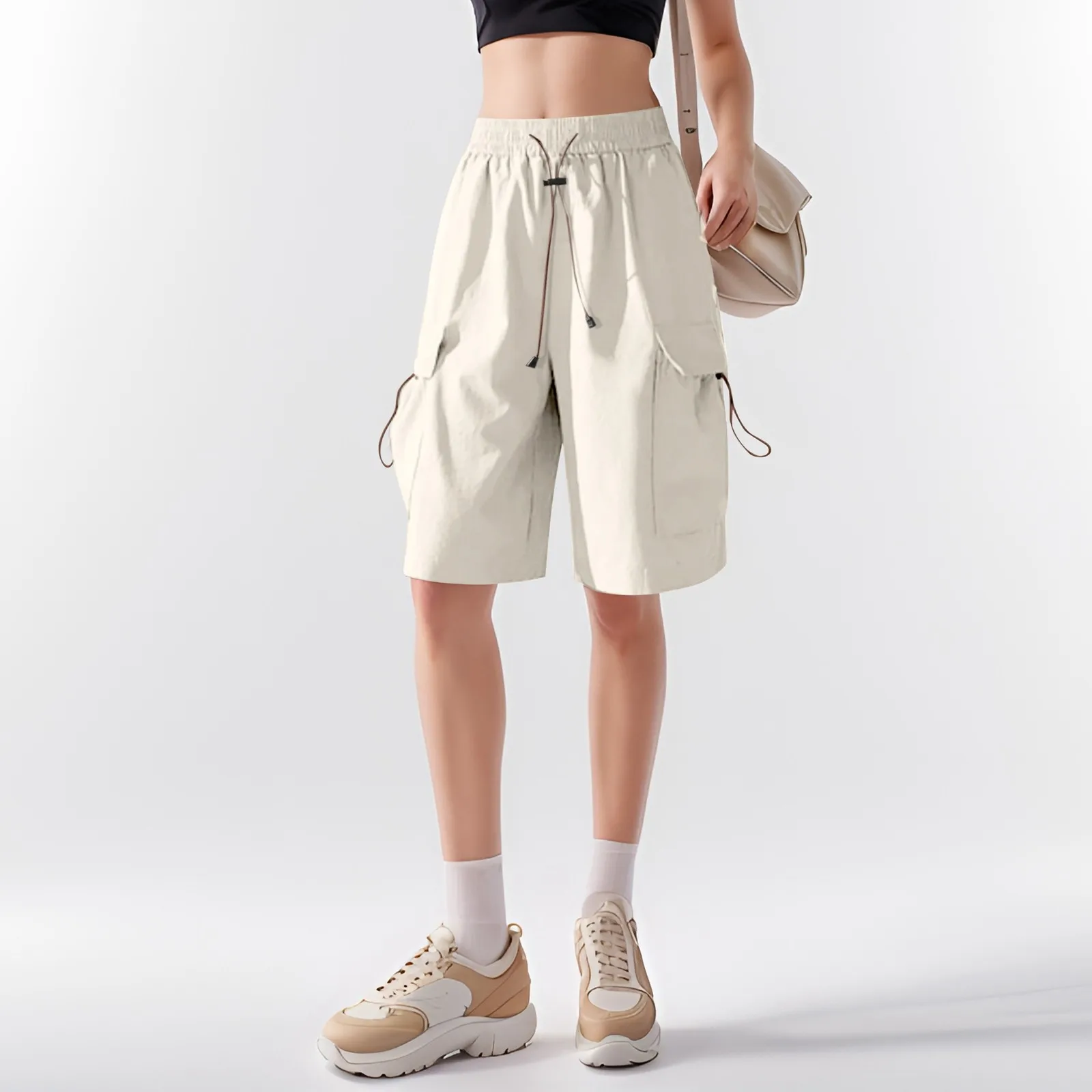 

Loose Casual Sports Shorts Women's Drawstring Elastic High Waisted Knee Length Cargo Pants Solid Color Comfortable Shorts