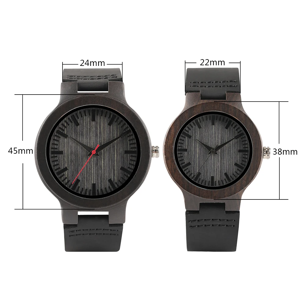 Vintage Ebony Wood Genuine Leather Watch for Men Women Stylish Casual Couple Styles Red Seconds Simple Dial Wooden Wristwatches