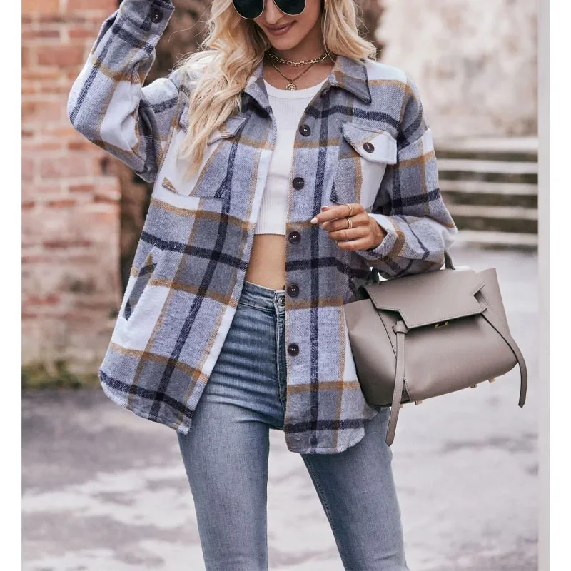 2023 New Autumn Fashion Casual Lapel Button Plaid Jacket Temperament Commuting Comfortable Loose Fitting Women\'s Pocket Shirt