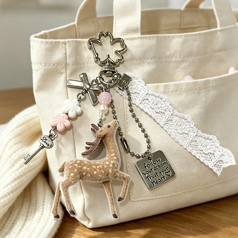 Kawai Flocked Deer Keychain Lace Bow Dangle Bag Pendant Handmade Korean Aesthetic Phone Charms For Backpack Purse Decor