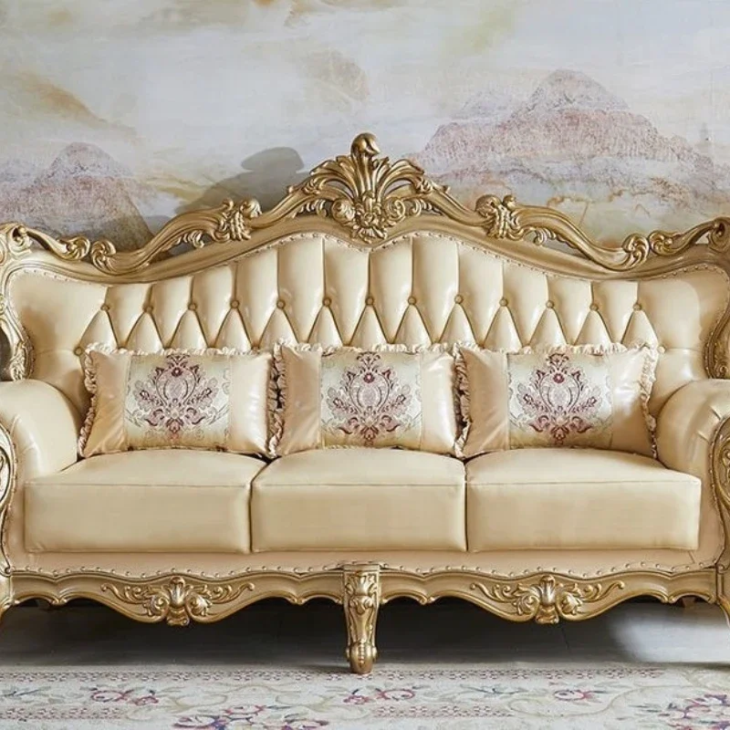 

Premium solid wood leather sofa living room fashion combination carved first layer cowhide high-end villa complete set