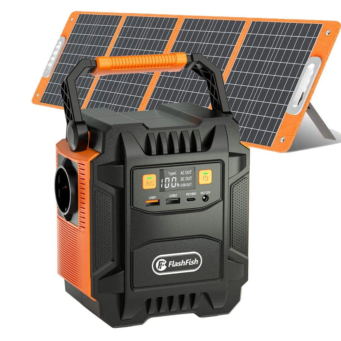 Station d'alimentation portable FF Flashfish A201 avec panneau solaire 100W, générateur solaire 200W, batterie 172,8Wh, prise AC, camping en plein air, camping-car