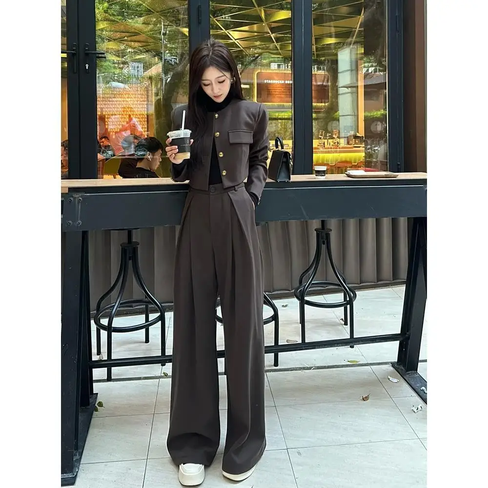 Fashion Women's Set Autumn/Winter Single breasted Slim Fit Short Coat High Waist Wide Leg Pants Two piece Fashion Set