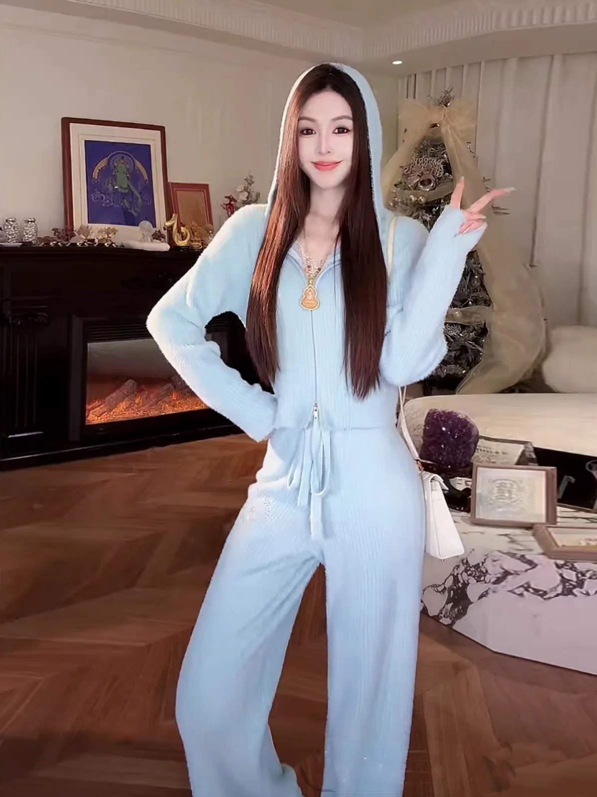 

Комплект XiaoXiao Yu: вязаная шапка, пальто, свободные брюки с широкими штанинами, женский модный весенний комплект с длинными рукавами, стандартная длина