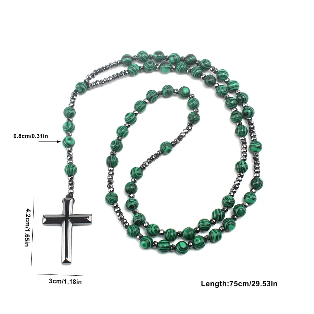 8mm Green Round Beads Cross Pendant Necklace for Men and Women N047