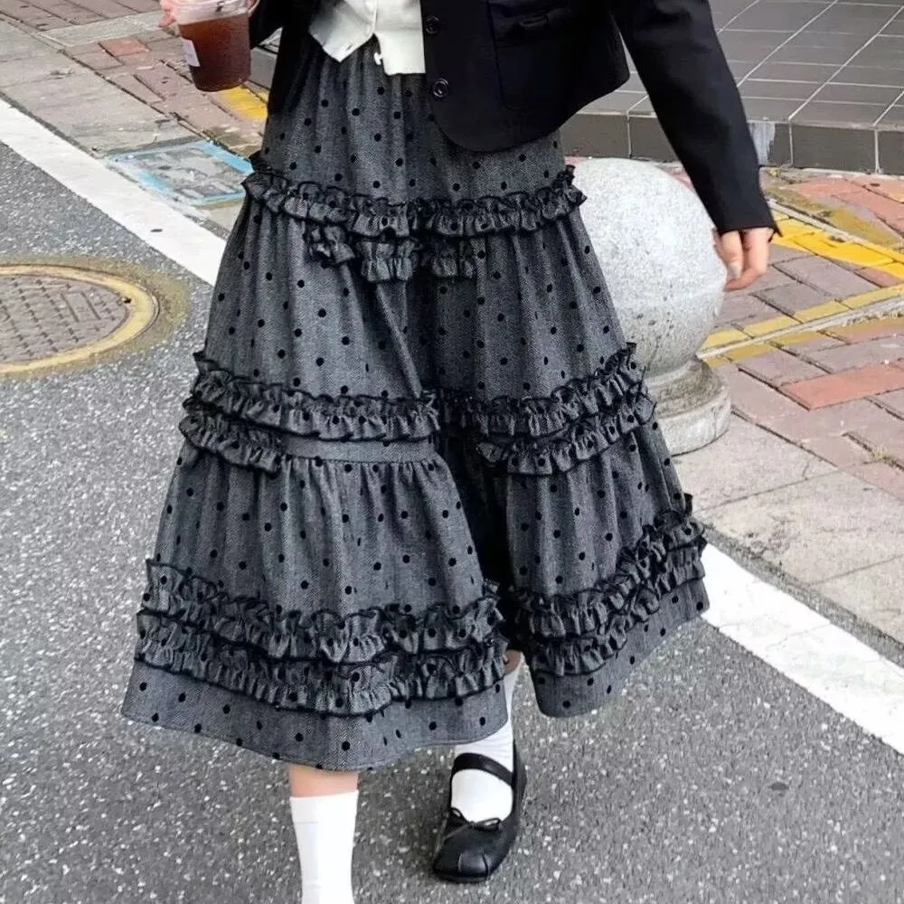 Japanese Harajuku Sweet Kawaii Skirt Women Lolita Bear Print Ruffles Party Cake Skirt Y2K Aesthetic Elegant Cotton Long Skirts