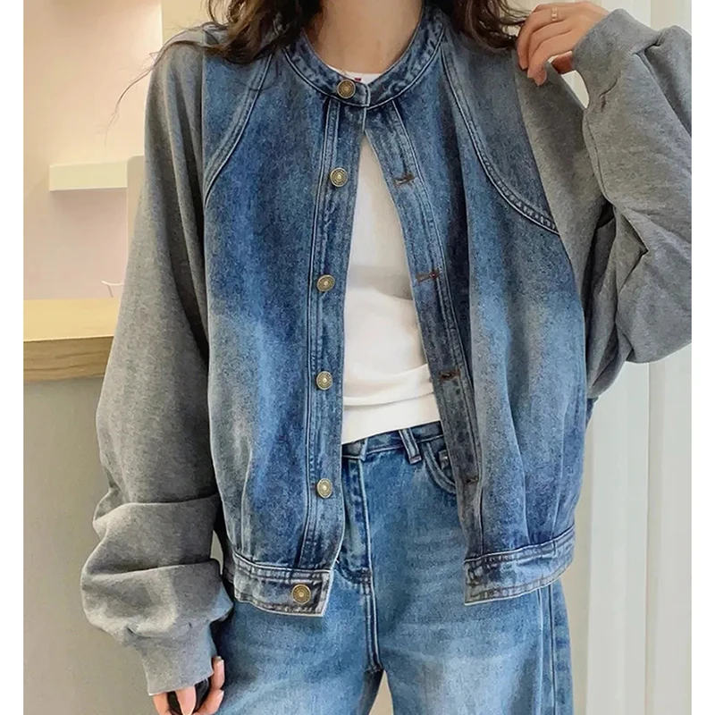 Harajuku Y2K Patchwork Denim Jacket Women O Neck Loose Casual Classic Coat Long Sleeve Single Breasted Rockabilly Baseball Jacke