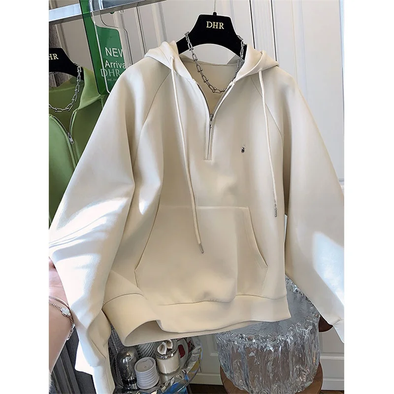 Sudadera Extra grande de algodón con capucha y cremallera de conejo bordado de 300 bolsas para mujer, sudadera holgada de gran tamaño para ocultar carne a la moda