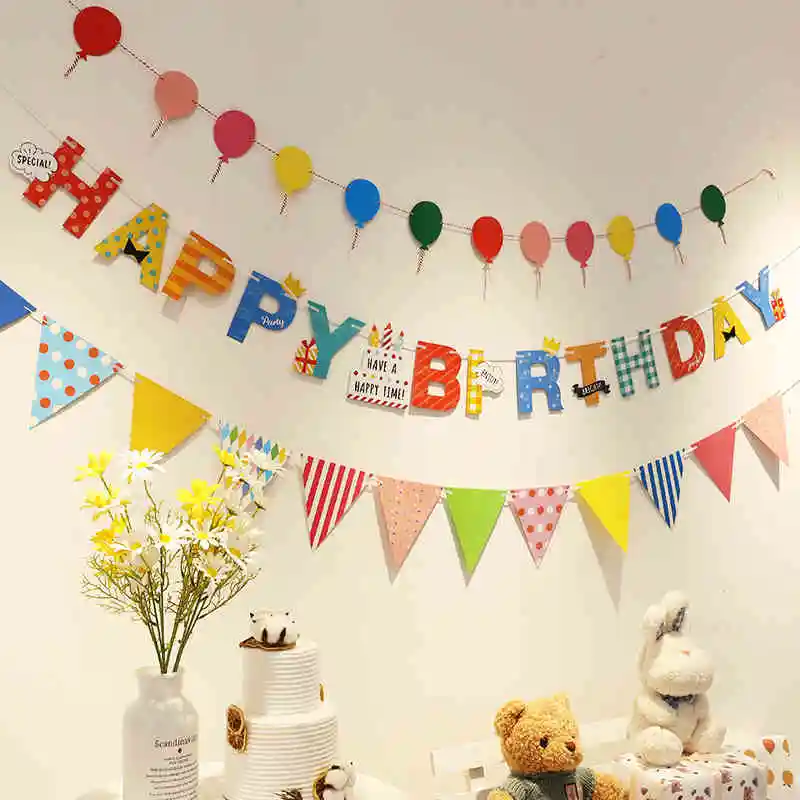 Ins Boy Girl Happy Birthday Room Garland Banner Pennant Background Decoration Baby Shower Animal Princess Theme Hanging Flags