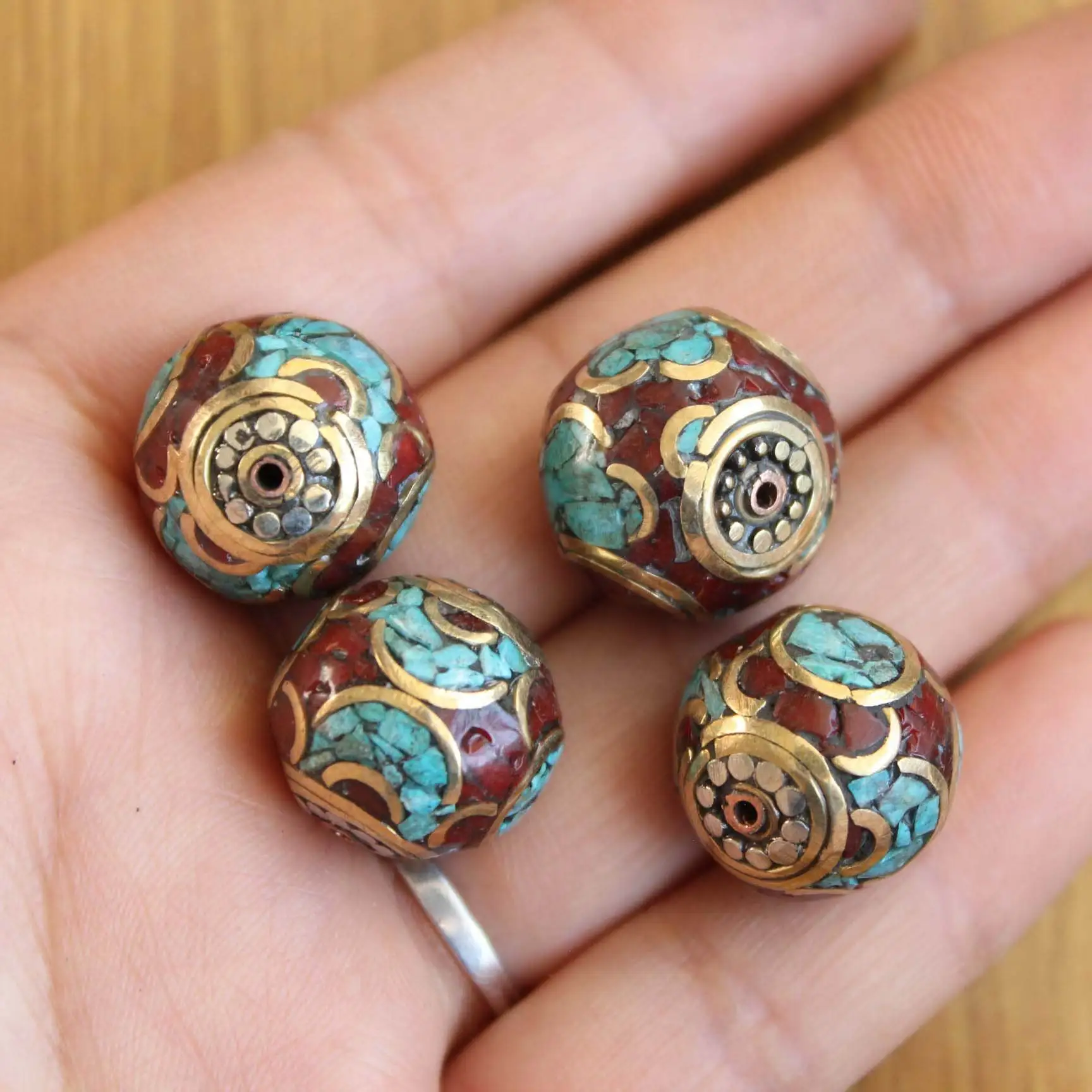 BD151 Nepal Handmade Beads Brass Colorful Stone 16mm Round Ball Beads Jewelry Accessories 4 Beads Lot