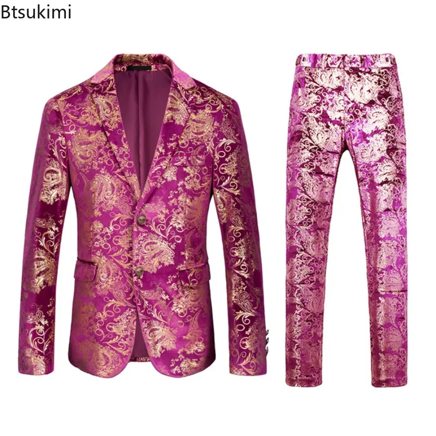 High-end Men's Suit Sets Fashion Business Handsome British Style Slim Print Suit 2-piece Set Men Wedding Party Blazers and Pants