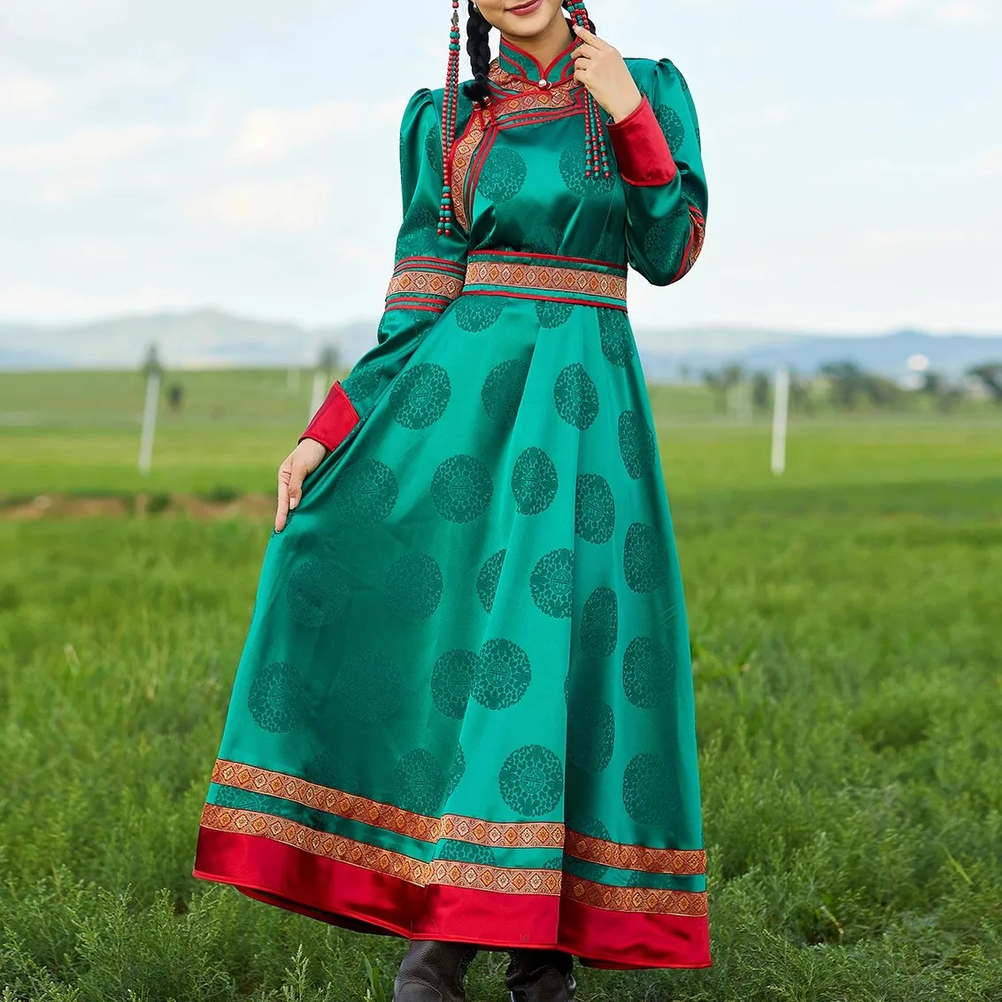 Mongolian Beauty Robe Women's Ethnic Minority Grassland Travel Gown Mongolia Girl Stage Performance Dress in OrientTown FE045