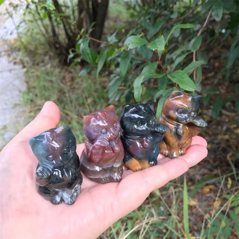 5cm Natural Ocean Jasper Fortune Cat Figurines Stones Carved Room Ornament Healing Crystals Gemstone Craft Gifts 1pcs