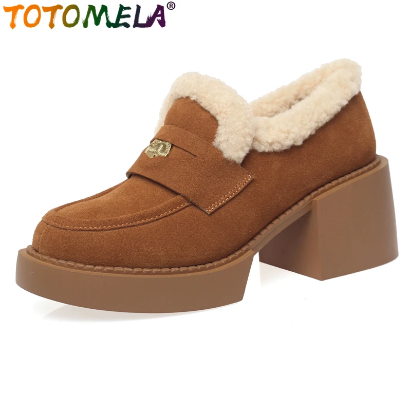 

TOTOMELA 2023 New Cow Suede Leather Women Pumps Wool Warm Square High Heels Platform Shoes Winter Loafers Slip On Female Shoes