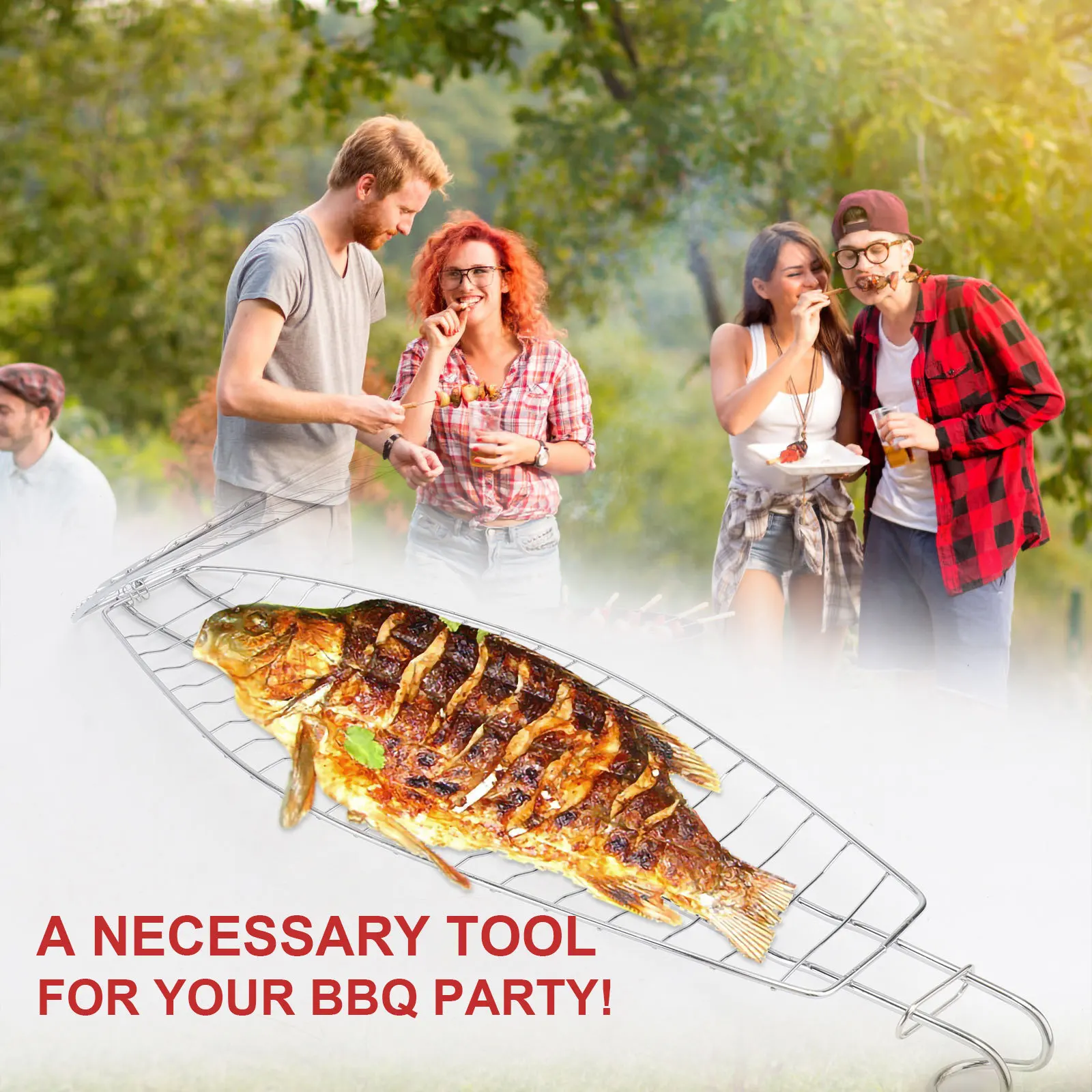 

Fish Grill Basket Non-Stick Mesh Silver 44x15cm Outdoor Bbq Tool Hook Design for Grilling Fish Meat Vegetables Barbecue Clip Net