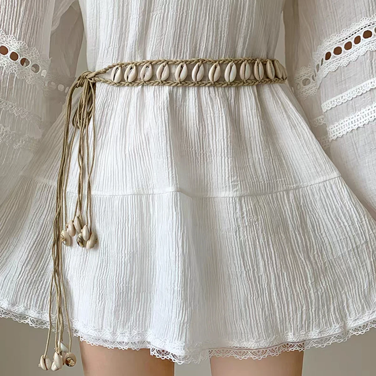 Paski designerskie dla kobiet węzeł w pasie lato Boho muszla sukienka z koralikami pasek do dżinsów kobiece akcesoria plażowe beżowy sznurek woskowy