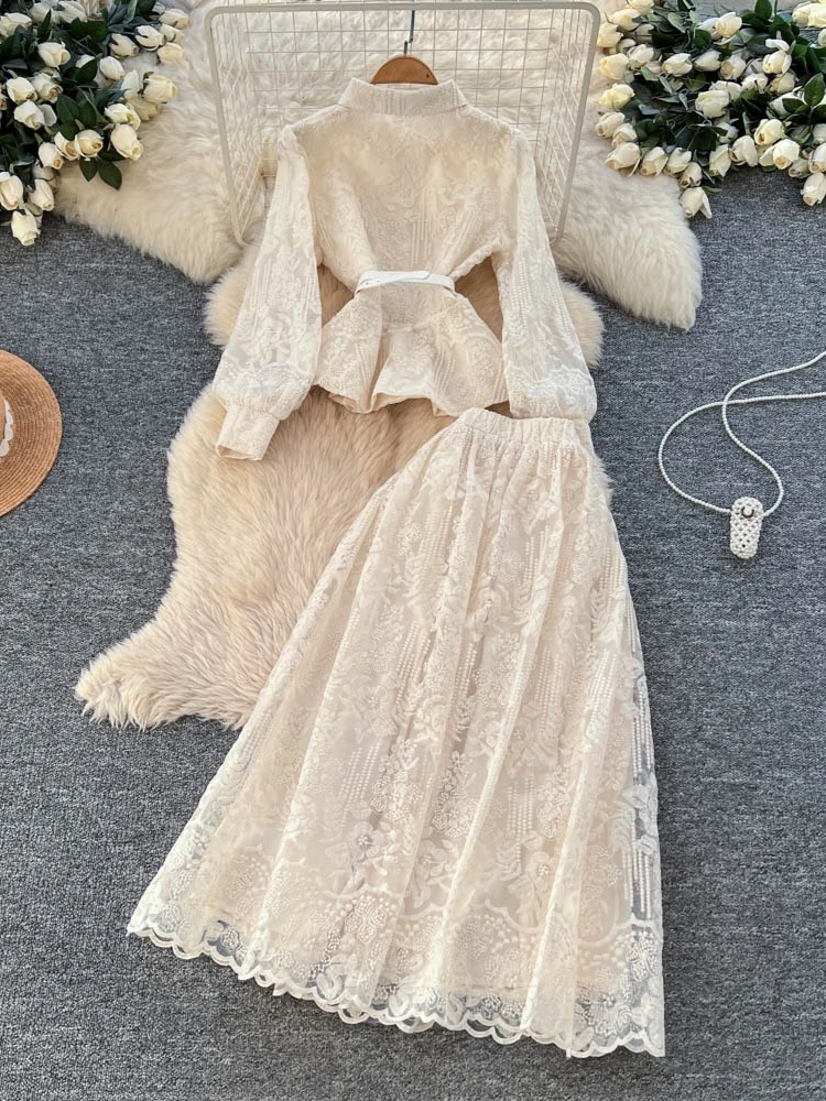 الفرنسية أزياء أنيقة 2 قطعة مجموعة المرأة سليم صالح المطرزة الدانتيل مربوط بلوزة + تنورة عالية الخصر الخريف الزي الصلبة غير رسمية