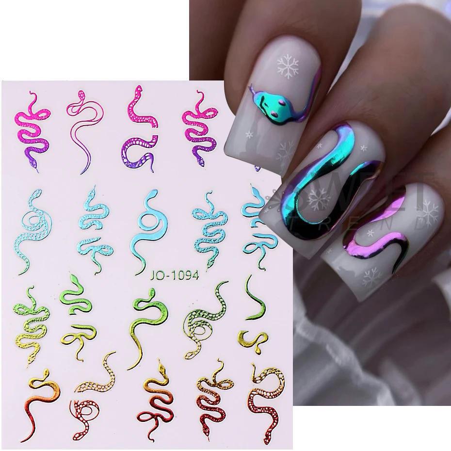 3D Gold Snake Nail Stickers Metallic Holografische Kleurrijke Snake Zelfklevende Sliders Voor DIY Nail Art Decoratie Winter Decals Folie