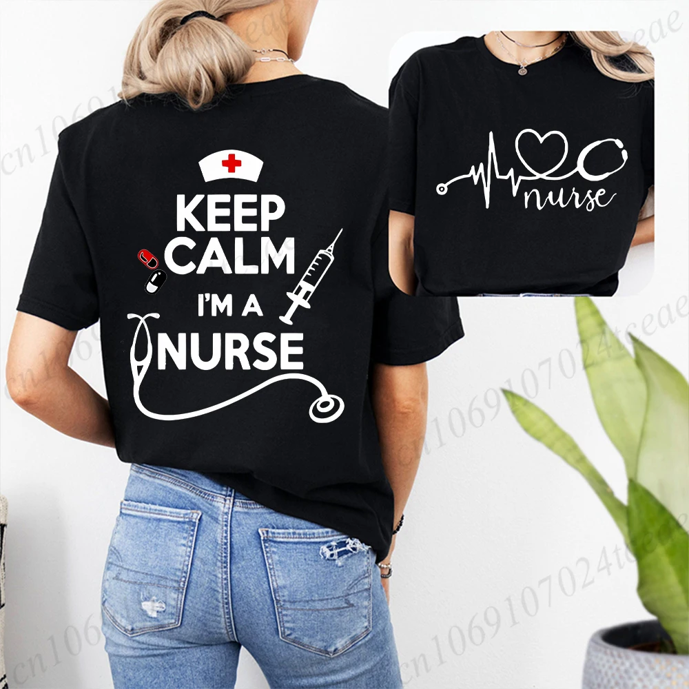 Keep Calm Nurse Print T-shirts Short Sleeve Black Women T-shirt Girl Vintage Tops Tee Shirt Female Harajuku Clothing Streetwear