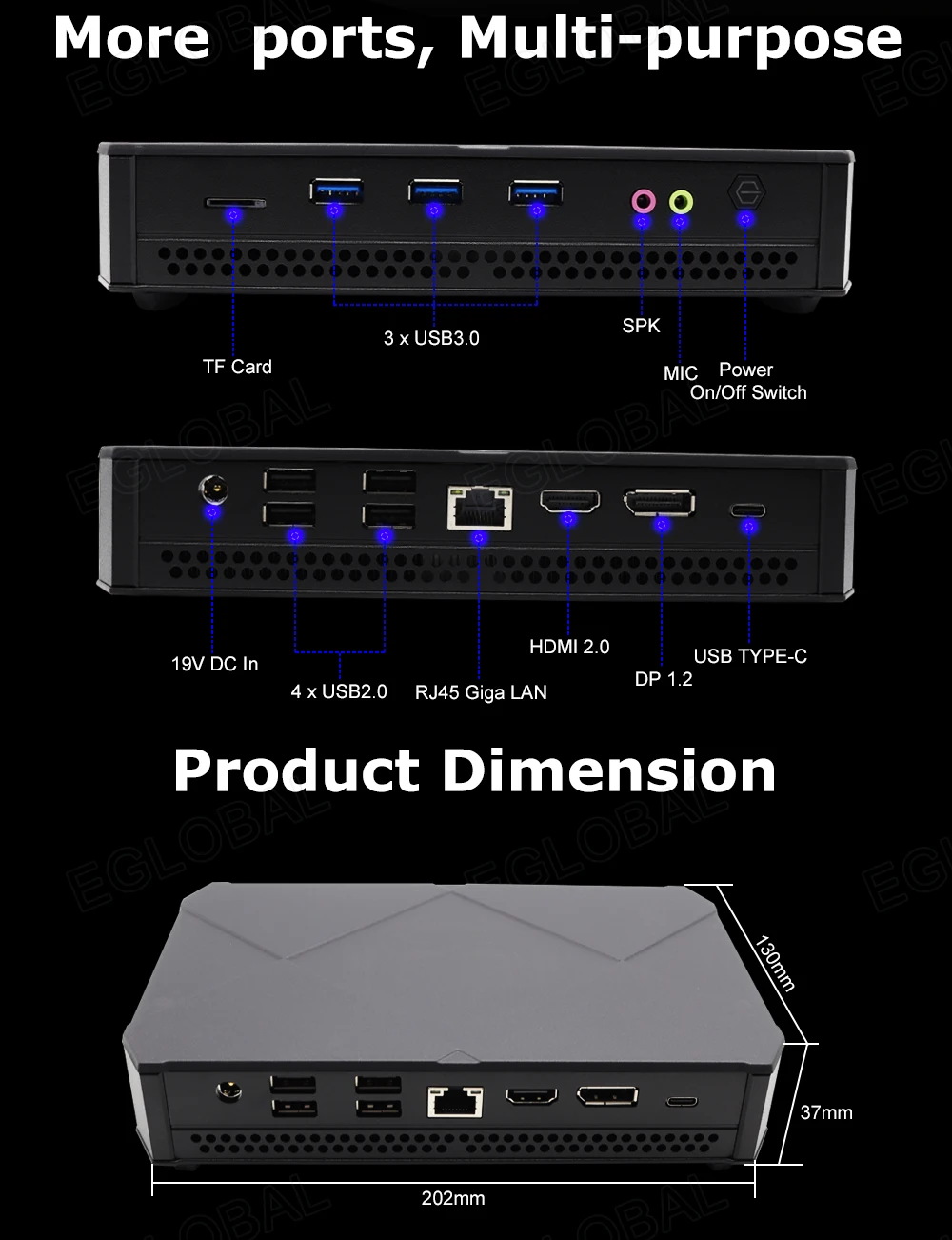 EGLOBAL-Mini PC Gaming Desktop Computer, Wifi6, Tipo-C, 64G, DDR5, 2TB, NVMe, Windows 11Pro, AMD Ryzen 7 7840HS, Ultral7