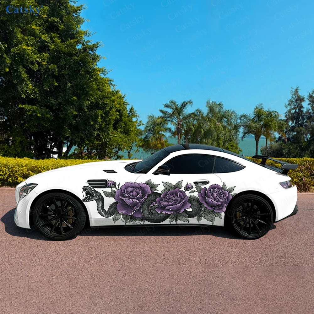 Purple Rose Dark Snake Car Side Sticker Decoration,PVC Waterproof Scratch Resistant Decal, Car Protection, Auto Accessories Gift
