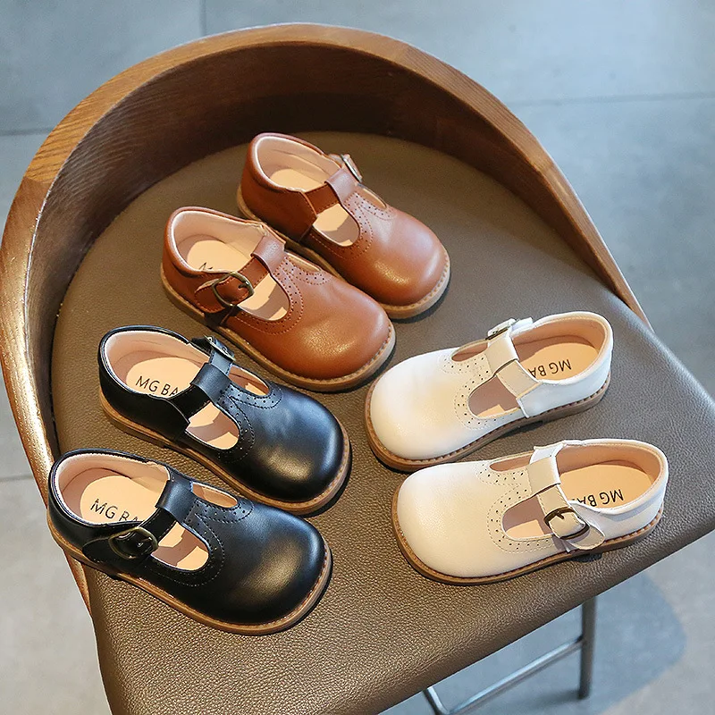 Chaussures en cuir à sangle en T pour enfants, chaussures de princesse pour filles et garçons, plates et respirantes, Mary Janes, noir et marron, pour bébés en bas âge, printemps et automne