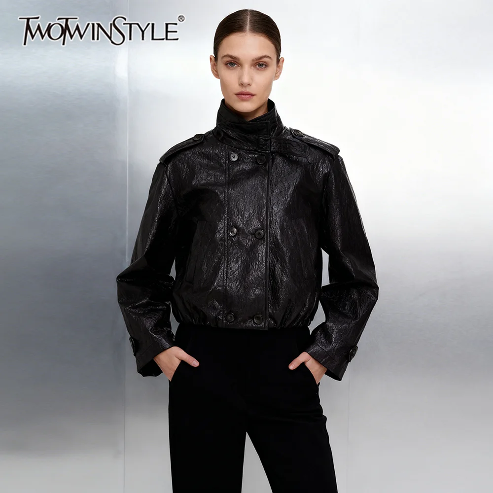 

TWOTWINSTYLE Solid Slimming Spliced Buttons Minimalist Jackets for Women Stand Neck Long Sleeves Patchwork Pockets Jacket Female