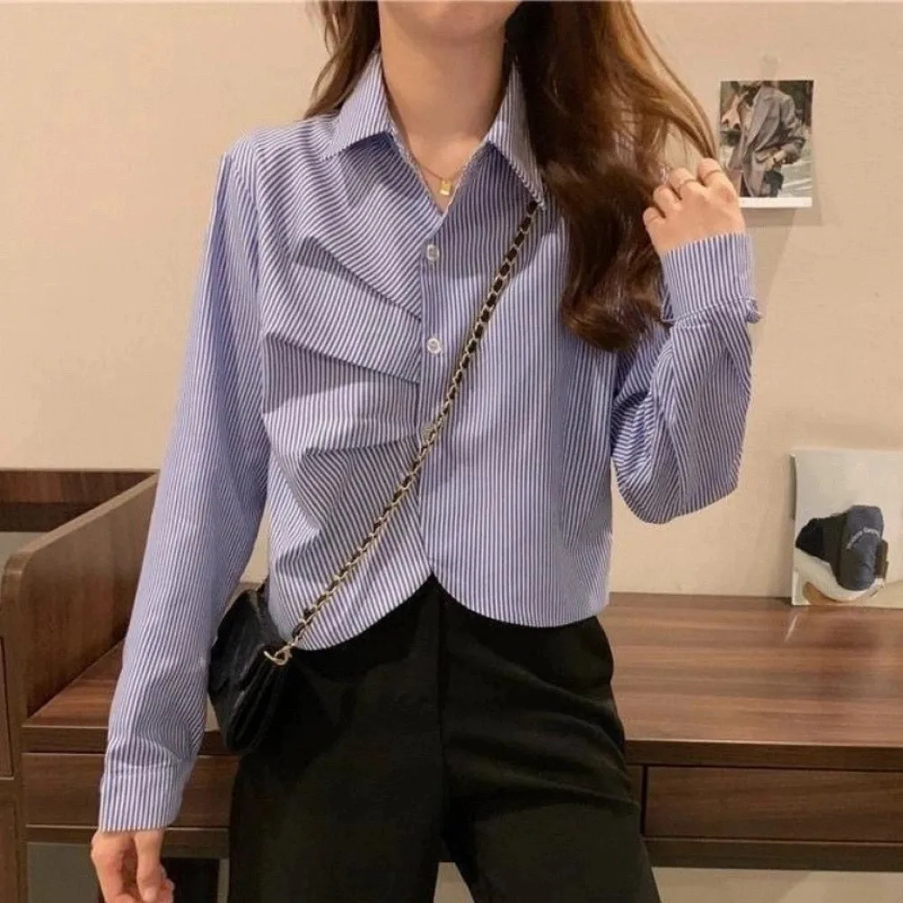 Ins Fashion Short Ruffle Long Sleeve Shirt V-neck Korean Style Women Stripes Blouse Streetwear Stripes Long Sleeve Tops Women