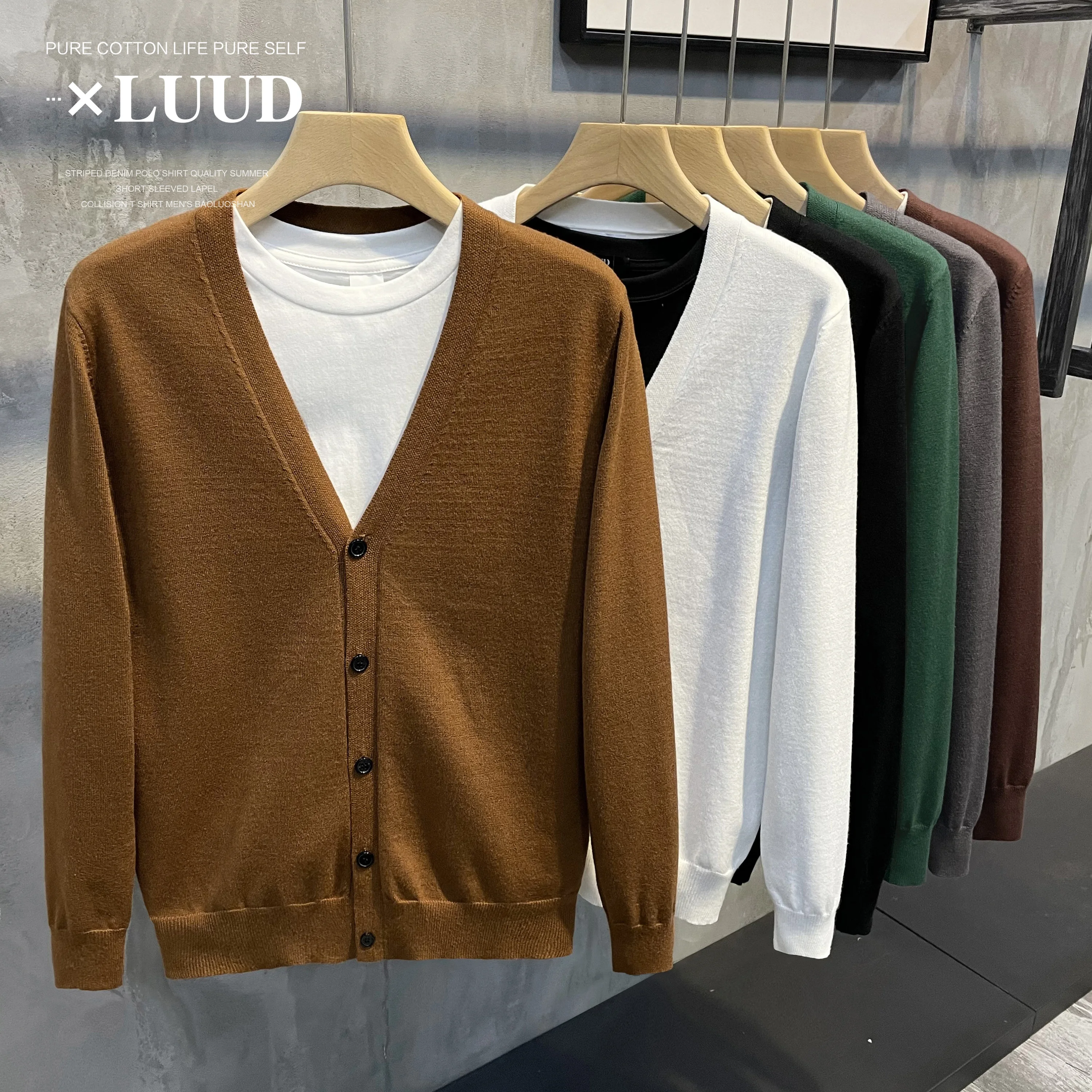 Luud Maglione da uomo lavorato a maglia con scollo a V e bottone singolo Versatile autunno inverno Cappotto lungo casual in puro colore casual